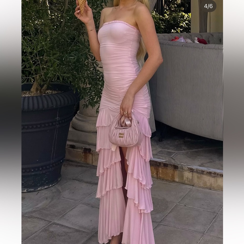 Oh Polly Hayami Bandeau Ruched Ruffle-Trim Maxi Dress in Blush - Size 2 - Picture 2 of 16